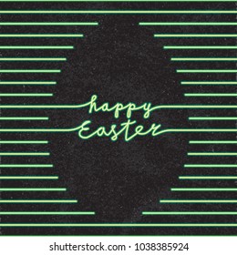 Happy Easter Glowing Neon Light Style Logo and Blank Egg Shape Created by Repeating Horizontal Lines with Lettering - Green Elements on Black Rough Paper Background - Hand Drawn Doodle Design
