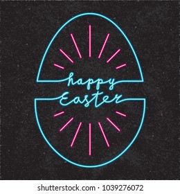 Happy Easter Glowing Neon Light Style Logo with Sun Rays and Egg Shape Outline Combined with Lettering - Turquoisre and Red Elements on Black Rough Paper Background - Hand Drawn Doodle Design