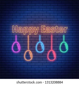 Happy Easter glowing neon sign. Vector illustration of easter greetings with eggs and text