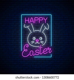 Happy easter glowing signboard with bunny and lettering in neon style on dark brick wall background. Easter bunny greeting banner. Vector illustration.