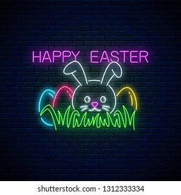 Happy easter glowing signboard with bunny and colored eggs on grass in neon style on dark brick wall background. Easter funny greeting banner. Vector illustration.