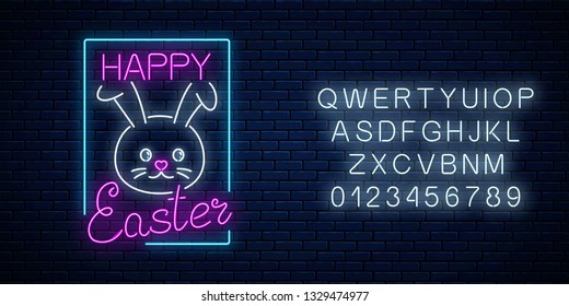 Happy easter glowing signboard with bunny and lettering with alphabet in neon style on dark brick wall background. Easter bunny greeting banner. Vector illustration.