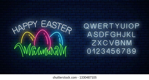 Happy easter glowing signboard with colored eggs on grass with alphabet in neon style on dark brick wall background. Easter funny greeting banner. Vector illustration.