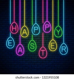 Happy easter glowing signboard with eggs and letters in neon style on dark brick wall background. Easter funny greeting banner. Vector illustration.