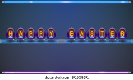 Happy easter glowing signboard with letters in neon style. Eggs with lamps inside, placed on a printed circuit board with details. Vector illustration.