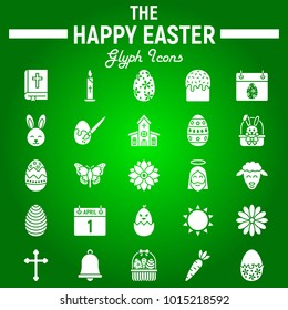 Happy Easter glyph icon set, holiday symbols collection, vector sketches, logo illustrations, celebration signs solid pictograms package isolated on green background, eps 10.