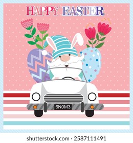 Happy Easter with gnome, eggs and flowers on the car