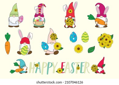 Feliz diseño gráfico de la colección de gnomos de Pascua para un festival divertido y feliz.