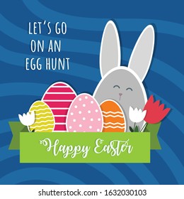 Happy Easter. Let’s go on an egg hunt invitation. Vector flat illustration of colorful eggs, bunny and ribbon. Elements isolated on a blue background,