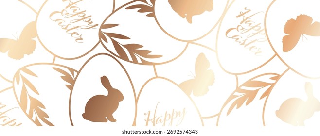 Diseño abstracto del oro de Pascua feliz con los huevos de Pascua, conejitos con las ramas florales