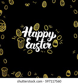Happy Easter Gold Black Postcard. Vector Illustration of Spring Holiday Calligraphy with Golden Decoration.