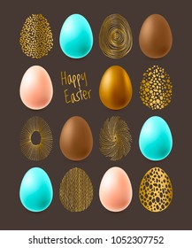 Happy easter. Gold, brown, mint eggs on 
chocolate background. Christian holiday. Vector illustration. Congratulation, postcard, cover. Multicolor.