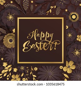  Happy Easter. gold and chocolate, origami. flowers with realistic shadow to banner or promotions. Background with anemones can be used for a magazine, web, advertising.
