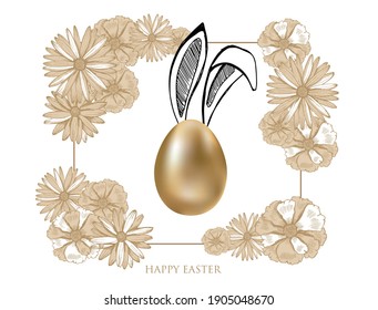 Happy Easter. Gold egg. Rabbits's ears. Hand drawn style. Vector illustrations.	
