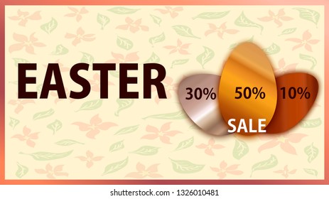 Happy Easter. Gold Egg. Vector Modern Easter Banner. Landing Page. Discount Coupon. Shop Now. Metallic Eggs. Special Offer. Spring Flowers.