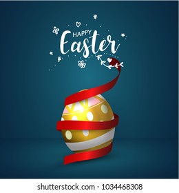 Happy Easter Gold eggs background. party celebration red ribbons.