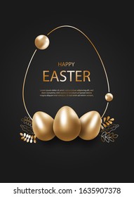 Happy easter, gold eggs, easter background, easter design, easter with mirror reflection of eggs on black backdrop, place for text. Abstract silver egg. Gift card template. Vector illustration