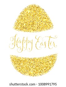 Happy Easter gold glitter greeting card. Shining egg and hand lettering vector illustration isolated over white.