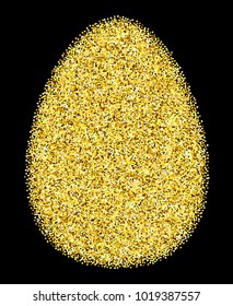 Happy Easter gold glitter greeting card. Shining egg vector illustration isolated over black.