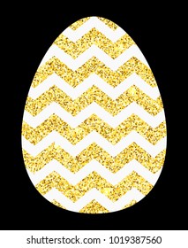 Happy Easter gold glitter greeting card. Shining egg with chevron pattern vector illustration isolated over black.