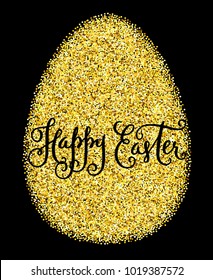 Happy Easter gold glitter greeting card. Shining egg and hand calligraphy vector illustration isolated over black.