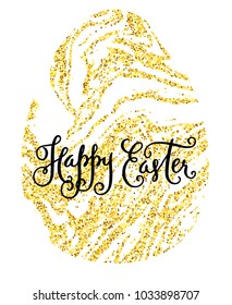 Happy Easter gold glitter greeting card. Shining egg with swirly pattern and hand calligraphy vector illustration isolated over white.