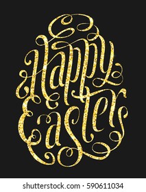 Happy Easter gold glitter greeting card. Shining hand calligraphy text vector illustration in egg form isolated over black.