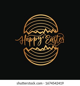 Happy Easter gold lettering with dark background. Vector illustration