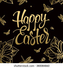 Happy Easter gold sign, symbol, logo on black background with the flowers and butterfly. Festive lettering. Easter gold. Gold sign. Seamless gold pattern.Pasch