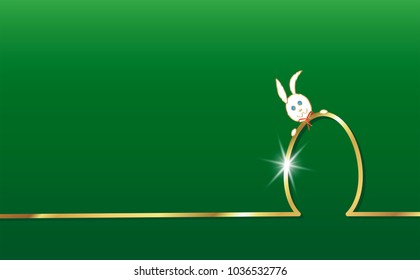 Happy Easter Gold Skyline Rabbit and Egg, flat design, golden outline drawing Easter Bunny greeting card, vector isolated or green background