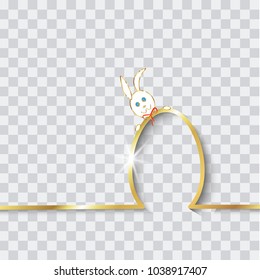 Happy Easter Gold Skyline Rabbit and Egg, flat design, golden outline drawing Easter Bunny greeting card, vector isolated transparent background, for all adhesive applications