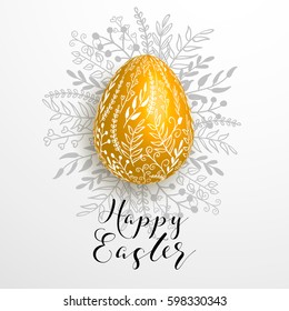 Happy easter gold yellow decorated egg on gray background with branches, cute, elegant design for card design, flyer,  poster, banner, voucher, web element.