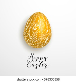 Happy easter gold yellow decorated egg on gray background with branches, cute, elegant design for card design, flyer,  poster, banner, voucher, web element.