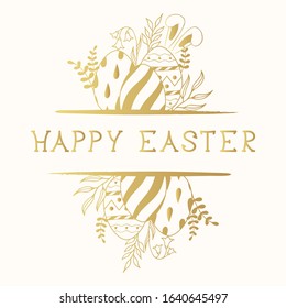 Happy Easter golden border with eggs, bunny ears, branches and lettering with rabbit. Cute gold floral holiday greeting card, invitation frame.