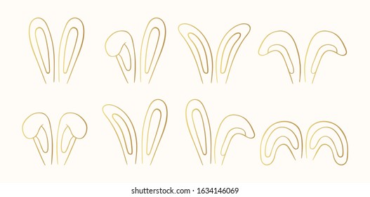 Happy Easter golden bunny or hare ears in outline. Vector isolated gold rabbit headband templates.