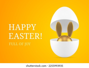 Feliz conejito dorado de Pascua escondido en huevo de pollo abierto planilla de diseño de tarjeta de saludo 3d ilustración vectorial realista. Celebración de festividades religiosas en conejo personaje animal bautizado orejas largas en bergshell