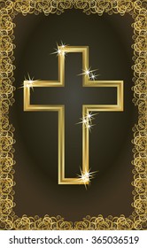 Happy Easter golden christian cross card, vector illustration