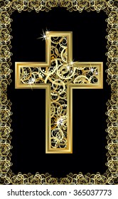 Happy Easter golden cross, vector illustration
