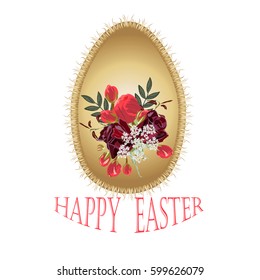 Happy Easter. A golden egg with a beautiful floral pattern. Element decor for postcards, congratulations, covers, posters, banners.Isolated on white background.