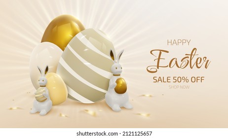 Happy easter with golden egg elements and ribbon with realistic rabbit with light rays effects decorations. 3d luxury style background.