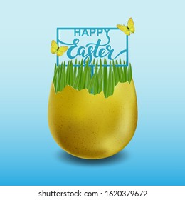 Happy Easter with golden egg, green grass and butterflies