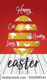 Happy Easter golden egg with white stars. Glitch Design Easter Egg in red background with wood platform. Vector illustration. EPS 10
