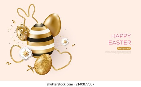 Happy Easter golden eggs, 3d gold hearts and rabbit on bright background. Vector illustration. Place for text. Spring flowers and confetti. Gift card voucher template, modern poster, creative banner