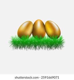 Happy Easter. Golden eggs 3d. Spring holidays. Greenery, grass, green branch, on a white background.
Vector illustration EPS10