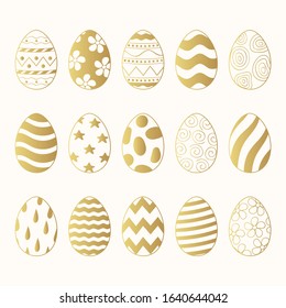 Happy Easter golden eggs outlines and silhouettes with different pattern. Vector isolated spring gold holiday icons. 