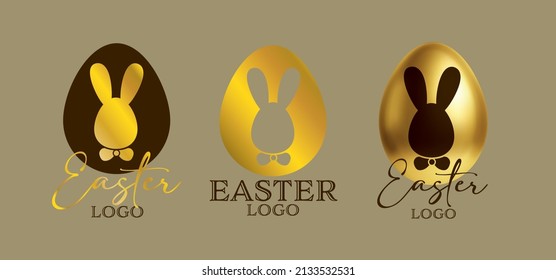 Happy Easter golden elegant, logo set. Egg, rabbit, bunny symbol. Letter, calligraphy vector illustration.