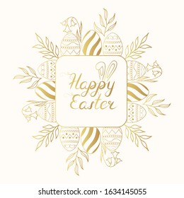 Happy Easter golden frame with bunny ears, eggs and lettering. Cute gold floral holiday greeting card, invitation template.