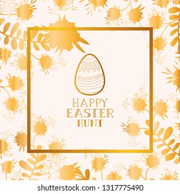 happy easter golden frame with egg painted and leafs