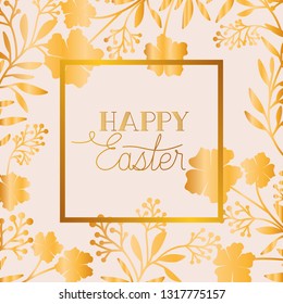 happy easter golden frame with hand made font and leafs