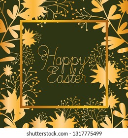 happy easter golden frame with hand made font and leafs